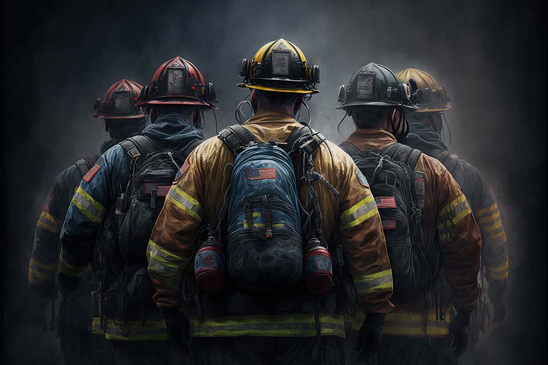 Five firefighters in full turnout gear facing away from the camera